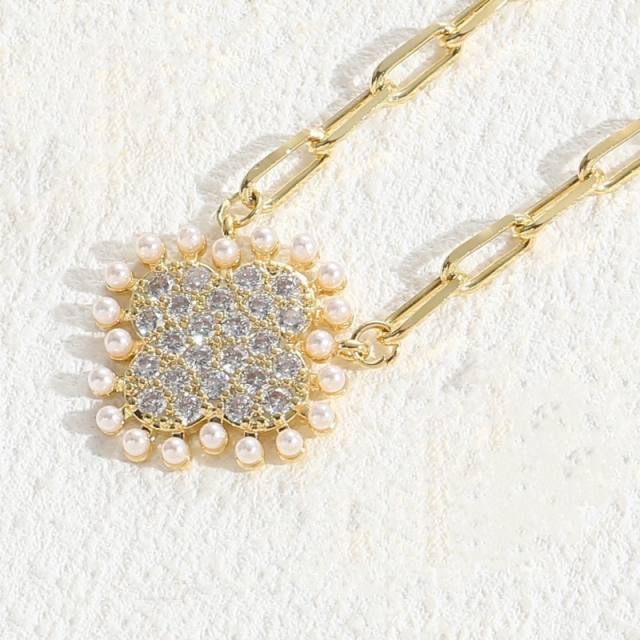 Boho geometric pendant pearl bead heart copper necklace