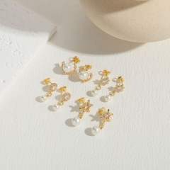 14KG cubic zircon setting pearl drop copper earrings