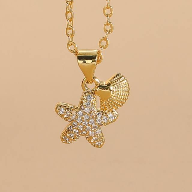 Dainty diamond starfish shell pendant copper necklace