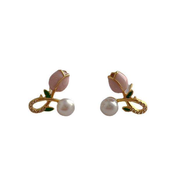 Sweet pink tulip flower copper studs earrings