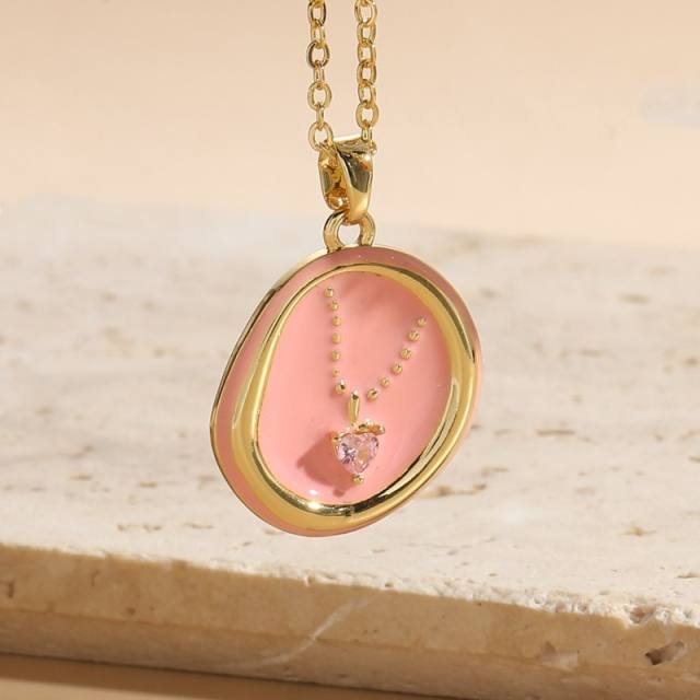 Y2K pink enamel cubic zircon copper dainty necklace
