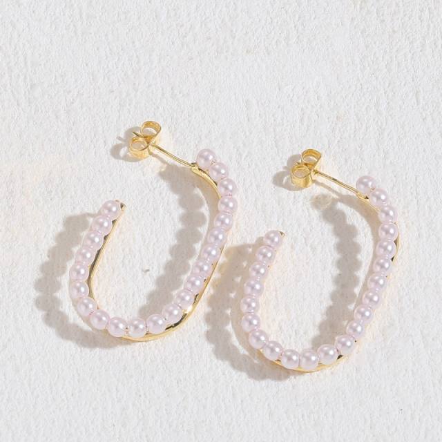 Unique pearl bead gold plated copper geometric earrings