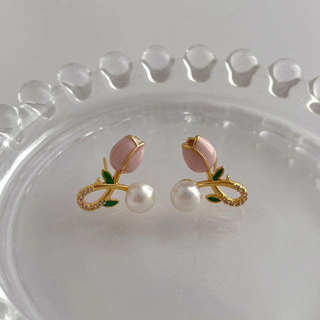 Sweet pink tulip flower copper studs earrings