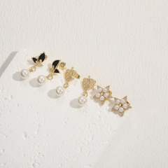 Sweet black butterfly pearl bead drop star copper earrings