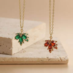 Dainty emerald ruby cubic zircon Maple leaf pendant copper necklace