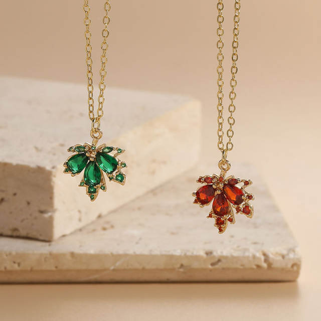 Dainty emerald ruby cubic zircon Maple leaf pendant copper necklace