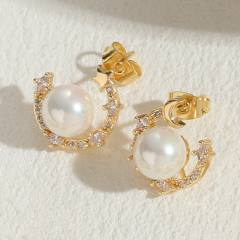 14KG cubic zircon setting pearl drop copper earrings