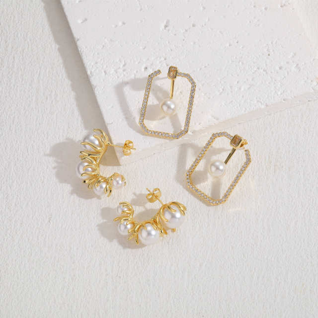 14KG pearl bead copper geometric earrings
