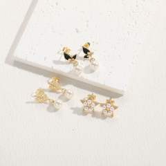 Sweet black butterfly pearl bead drop star copper earrings