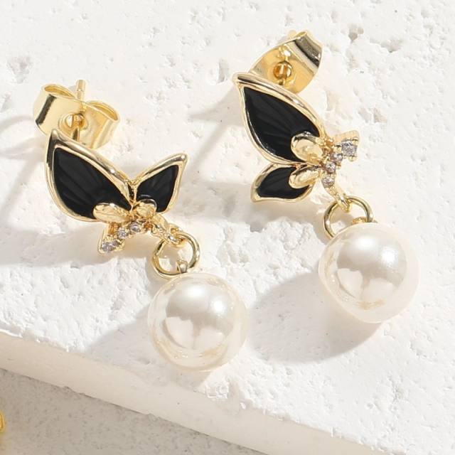 Sweet black butterfly pearl bead drop star copper earrings