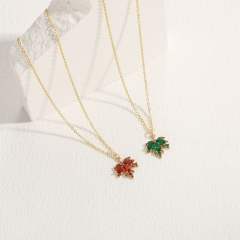 Dainty emerald ruby cubic zircon Maple leaf pendant copper necklace