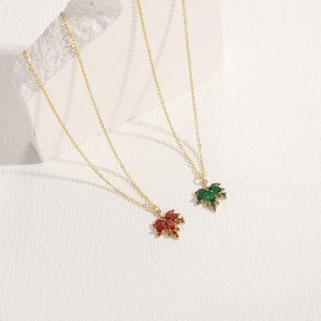 Dainty emerald ruby cubic zircon Maple leaf pendant copper necklace