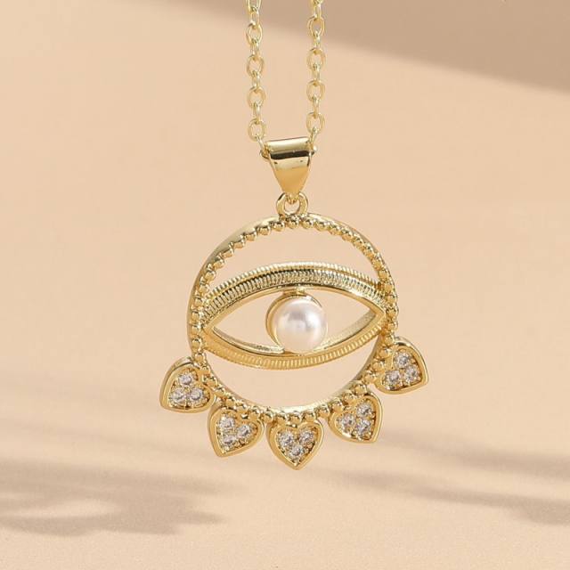 Hot sale pearl bead evil eye pendant copper necklace