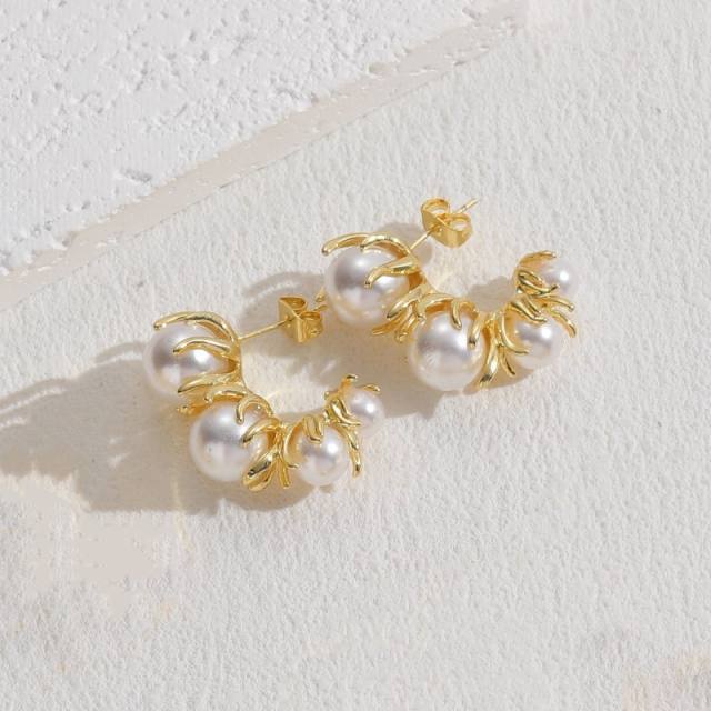 14KG pearl bead copper geometric earrings