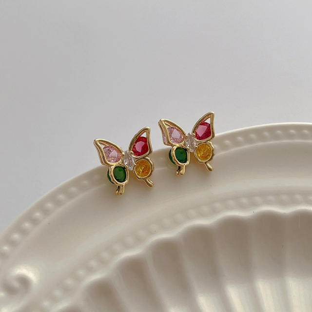 Sweet rainbow cz tiny butterfly copper studs earrings clip on earrings