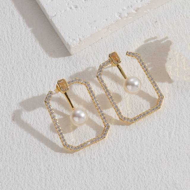 14KG pearl bead copper geometric earrings