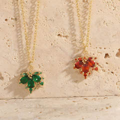 Dainty emerald ruby cubic zircon Maple leaf pendant copper necklace