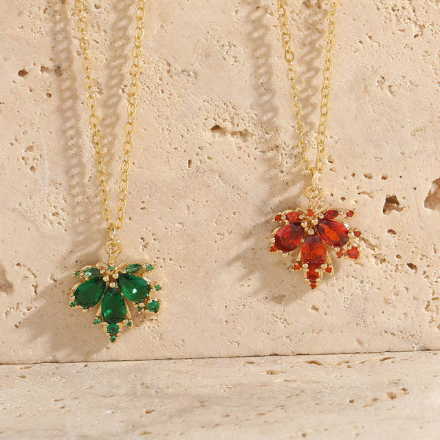 Dainty emerald ruby cubic zircon Maple leaf pendant copper necklace