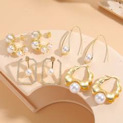 14KG pearl bead copper geometric earrings