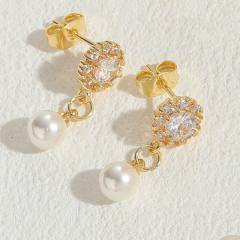 14KG cubic zircon setting pearl drop copper earrings