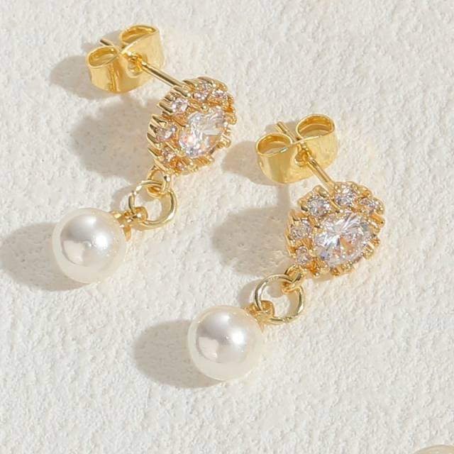 14KG cubic zircon setting pearl drop copper earrings
