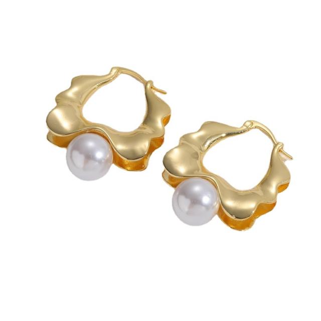 14KG pearl bead copper geometric earrings