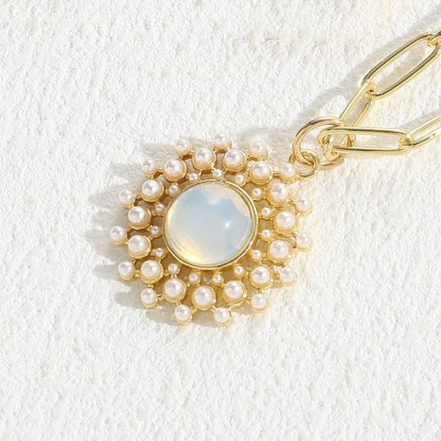 Boho geometric pendant pearl bead heart copper necklace