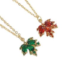 Dainty emerald ruby cubic zircon Maple leaf pendant copper necklace