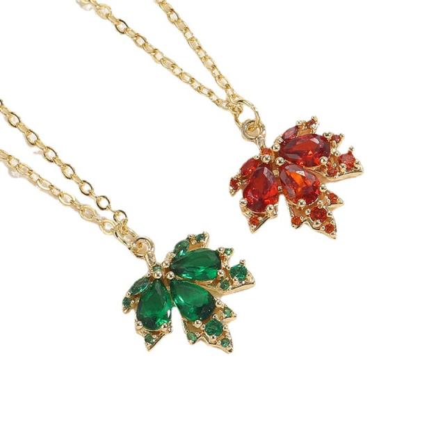 Dainty emerald ruby cubic zircon Maple leaf pendant copper necklace