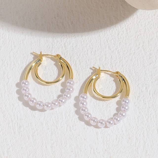 Unique pearl bead gold plated copper geometric earrings