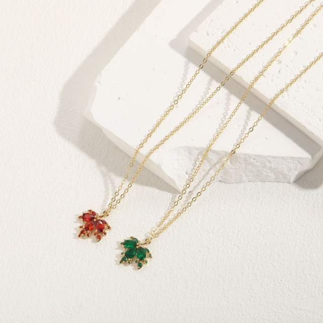 Dainty emerald ruby cubic zircon Maple leaf pendant copper necklace