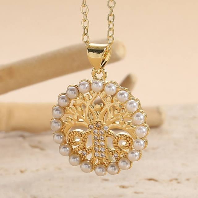 Cute pearl bead pineapple lifetree star pendant copper necklace