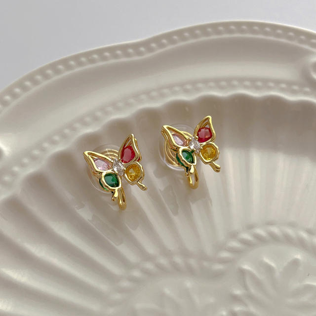 Sweet rainbow cz tiny butterfly copper studs earrings clip on earrings