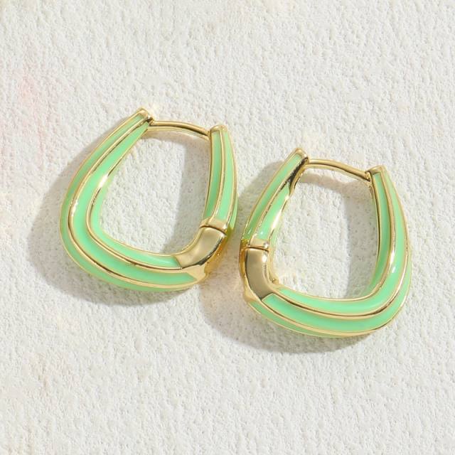 Candy color enamel geometric shape copper hoop earrings