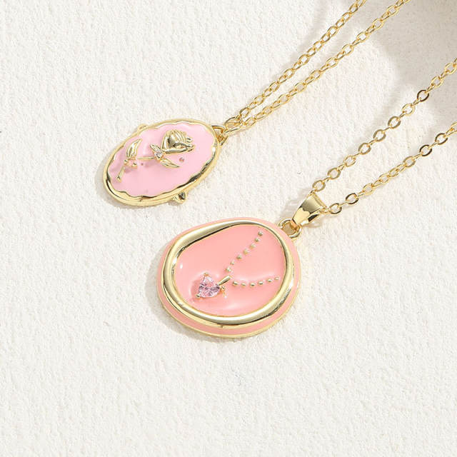 Y2K pink enamel cubic zircon copper dainty necklace
