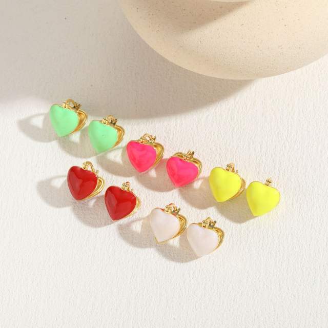 Candy color enamel heart shape copper huggie earrings