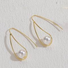 14KG pearl bead copper geometric earrings