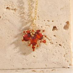 Dainty emerald ruby cubic zircon Maple leaf pendant copper necklace