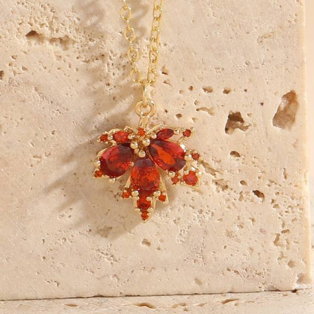 Dainty emerald ruby cubic zircon Maple leaf pendant copper necklace