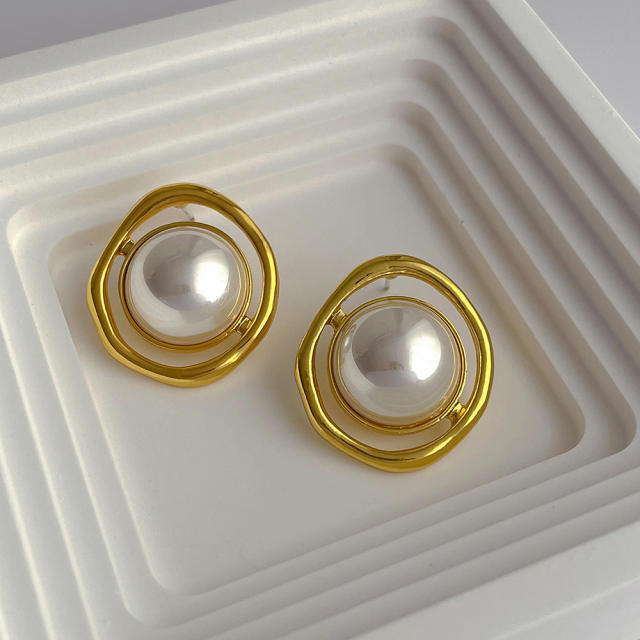 Korean fashion round shape pearl copper studs earrings