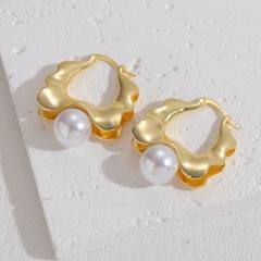 14KG pearl bead copper geometric earrings