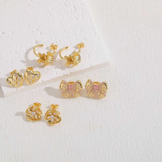 14KG chunky heart flower copper studs earrings