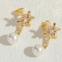 14KG cubic zircon setting pearl drop copper earrings
