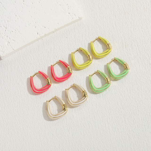 Candy color enamel geometric shape copper hoop earrings