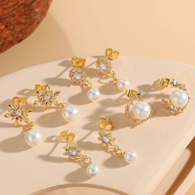 14KG cubic zircon setting pearl drop copper earrings