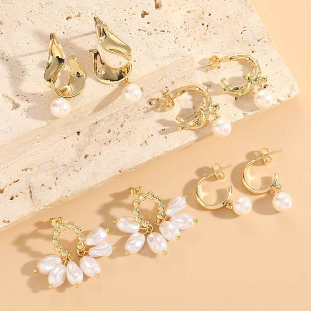 14KG elegant pearl drop copper earrings