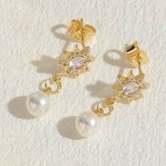 14KG cubic zircon setting pearl drop copper earrings