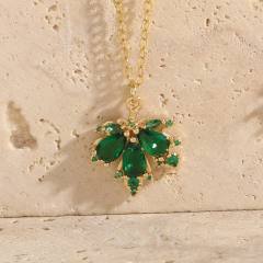 Dainty emerald ruby cubic zircon Maple leaf pendant copper necklace