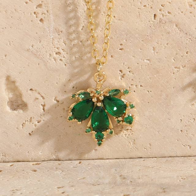 Dainty emerald ruby cubic zircon Maple leaf pendant copper necklace