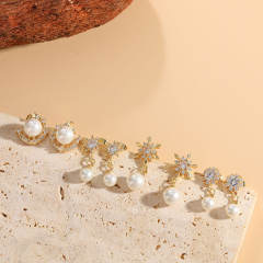 14KG cubic zircon setting pearl drop copper earrings